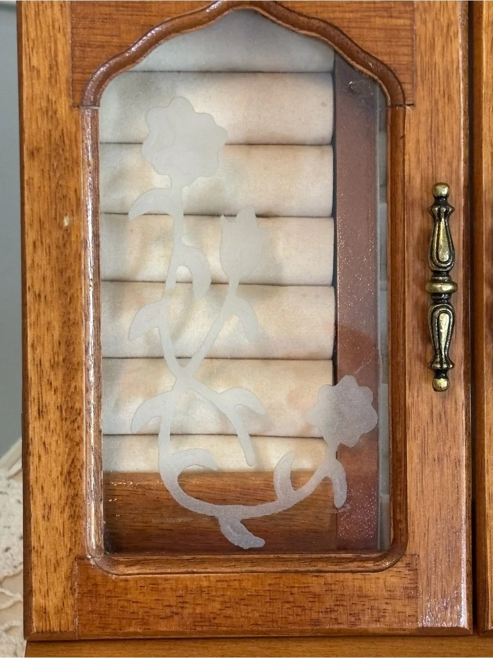 Vintage Wood Etched Glass Doors Jewelry Case Box Chest